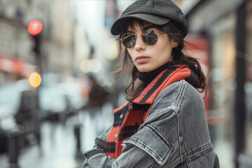 Obraz premium A fashionable influencer posing in a chic street outfit with layered accessories, set against a blurred urban background to emphasize the stylish attire.. AI generated.