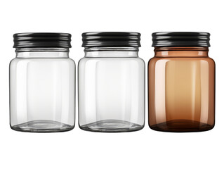 Three glass jars with black lids, one clear, one frosted, and one amber.