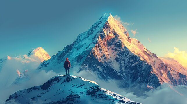 A lone figure at the base of a tall mountain, gazing up at the peak with determination, symbolizing the arduous journey from obscurity to success. Clipart illustration style, clean, Minimal,
