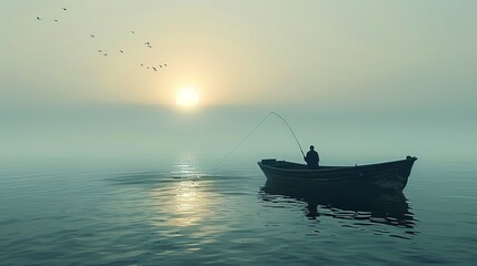 Obraz premium A lone fisherman casting a line in a vast, empty sea, gradually filling his boat with a bountiful catch, representing the rewards of persistent effort leading to success. Clipart illustration style,