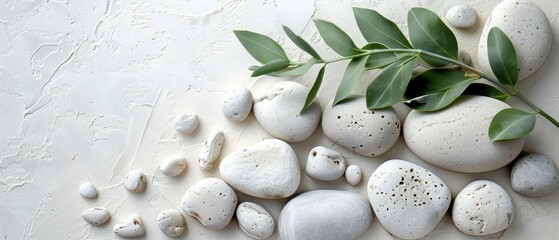 Fototapeta premium A serene and harmonious backdrop featuring white stones, twigs, and leaves on white sand for postcards