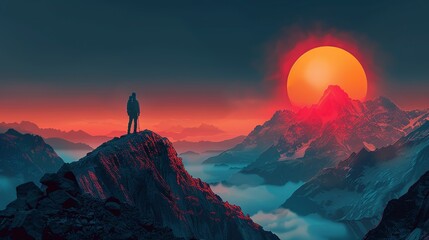 A lone hiker starting at dawn in a misty valley, reaching the sunlit peak of a mountain, illustrating the journey from the start to the pinnacle of success. Clipart illustration style, clean, Minimal,