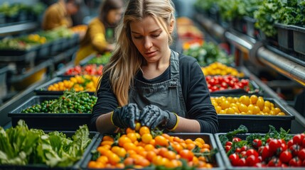 Obraz premium A focused woman carefully selects fresh tomatoes at a vibrant farmers' market