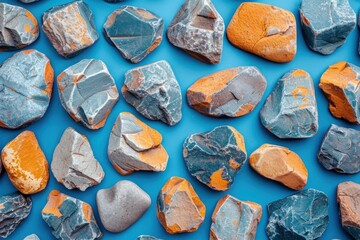 An assortment of orange, gray, and blue stones elegantly arranged on a calming blue backdrop, creating a visually pleasing display of color and texture.
