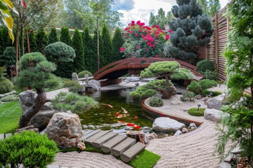 Tranquil Japanese Zen Garden with Bridge, Koi Pond, Raked Sand, Rocks, and Bonsai Trees