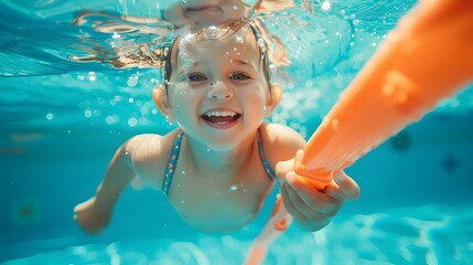 Joyful Child Learning to Swim with Pool Noodle in Sunny,Supportive Environment
