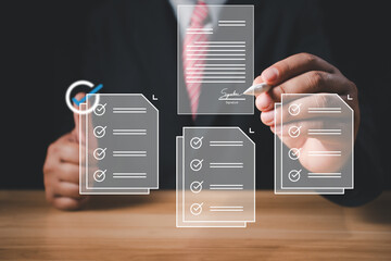 Electronic signature business concept. Businessman signs an electronic document, business approved,...