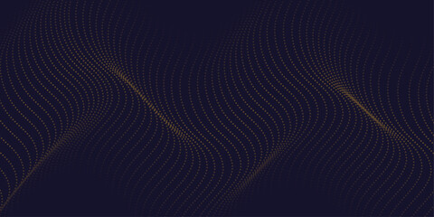 Vector flowing gold dots, gold particles wave pattern 3D curve halftone isolated on dark background. Vector concept of technology, science, music, modern