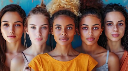 A group of diverse young women lined up, showcasing their unity and diverse beauty against a textured blue background