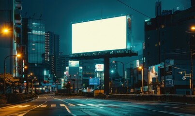 Brightly lit blank billboard in a modern city at night, ideal for mockups