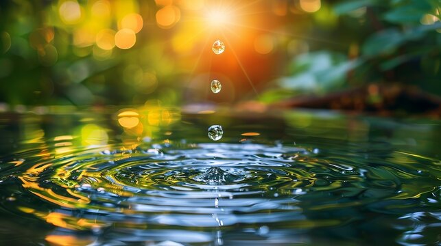 A single drop of water falling into a still pond, creating ripples that expand outward, representing how small actions can lead to widespread impact and success. Clipart illustration style, clean,