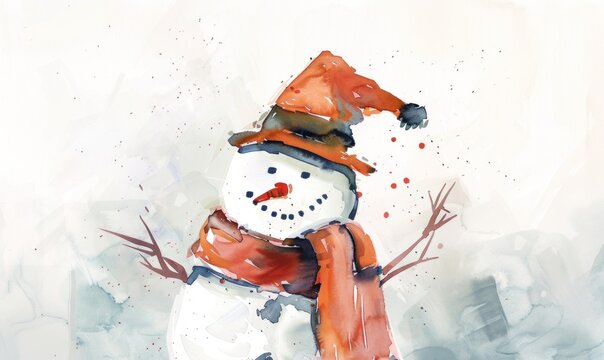 A delightful watercolor illustration showcasing a snowman adorned with a hat and scarf, capturing the joyous spirit and warmth of wintertime gatherings and holiday cheer.
