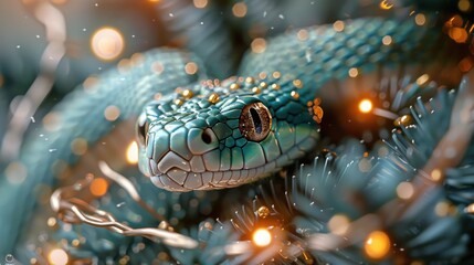 Fototapeta premium Close-up of a green snake among Christmas ornaments, highlighted by soft lights.
