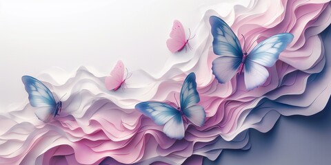 A postcard with butterflies in pastel shades of blue and pink with layered wavy shapes on a white background. Conveys lightness and grace, femininity and elegance.
