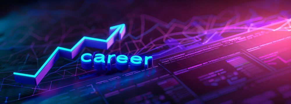 Rising chart with an arrow pointing up. Next to it, the word career is written in blue neon letters. The background features abstract graphics and text data highlighted in purple and blue colors