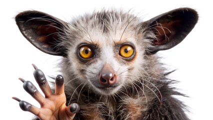 aye-aye with large, prominent ears and bright orange eyes. Its fur is grey and somewhat shaggy