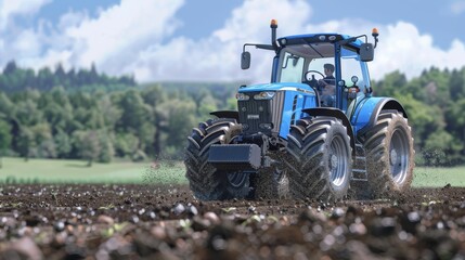 The blue tractor in the field