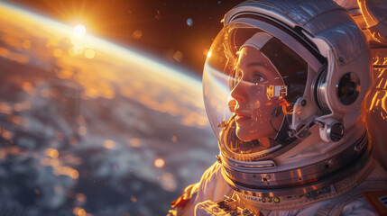 A girl astronaut in a white suit and spacesuit watching with delight at outer space while in flight on a special jetpack.