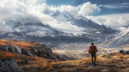 Fototapeta premium A hiker observes the beauty of wildlife as he traverses difficult, rocky terrain.