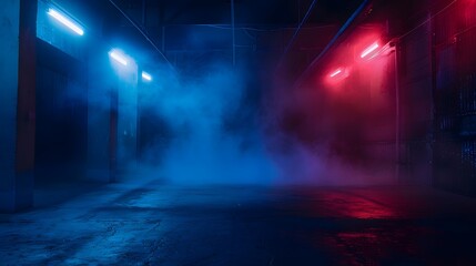 Dark empty street scene  neon lights  dark blue background