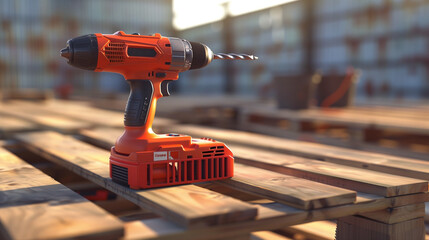 An electric drill placed on a wooden pallet. Its metal details and blade contrast with the raw appearance of the wood.