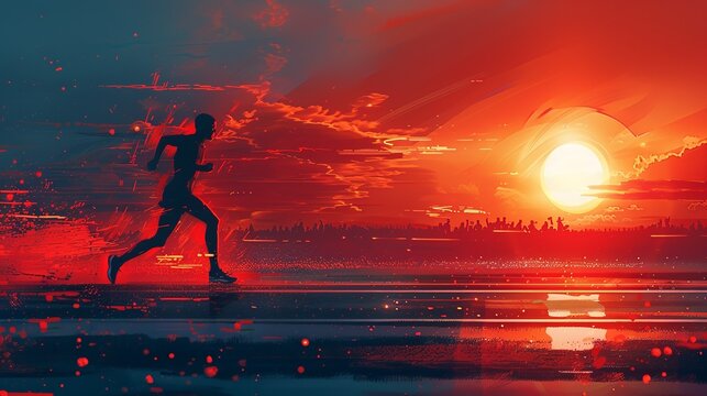 A solitary runner starting a race at dawn, crossing the finish line in a stadium filled with cheering crowds, symbolizing the journey from the beginning to triumphant success. Clipart illustration
