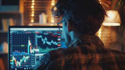 View from the back of a man in glasses watching the graphs of the Bitcoin and cryptocurrency exchange rates on the monitor screen in the evening in his home room.