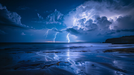 Lightning illuminates the night sky over the sea waves during a storm. Its intense brightness contrasts with the darkness of the surroundings, creating a spectacular sight.