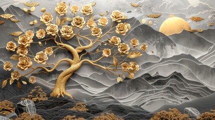 3d tree with golden roses wallpaper