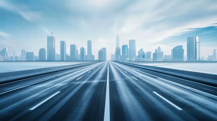 Fototapeta premium high way with a wide futuristic road going through a tunnel, A sense of speed, View from a tunnel, futuristic city skyline