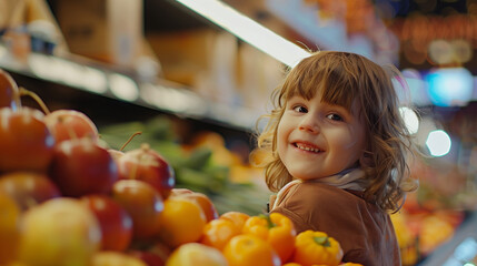 Fototapeta premium A child with a smile on his face accompanies his family while shopping at the grocery store.