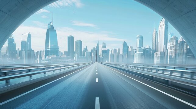 high way with a wide futuristic road going through a tunnel, A sense of speed, View from a tunnel, futuristic city skyline