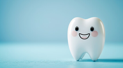 Funny plastic white tooth with eyes and a smile on a blue background. Pediatric dentistry, dental care. Copy space.