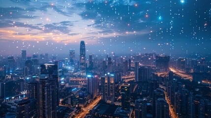 Fototapeta premium A bustling city skyline with clean air, highlighting the environmental benefits of hydrogen fuel cells.