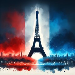 Watercolor illustration for Bastille Day in France with the Eiffel Tower silhouette.