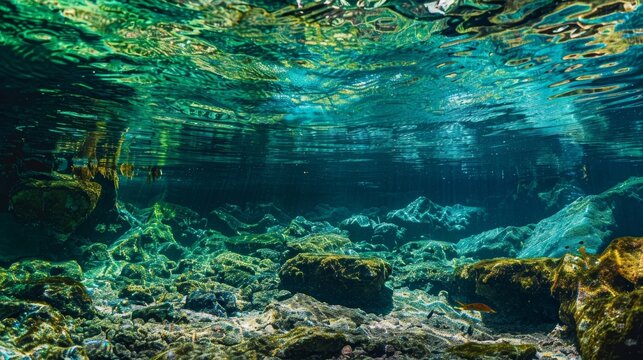 Through the crystalclear surface of a cenote a halocline is visible drawing the eye deeper into the waters depths.