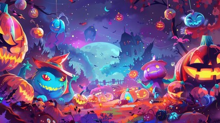 Whimsical Halloween Banner with Friendly Monsters in a Vibrant Pumpkin Patch