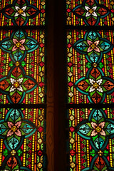 Closer look on the stained glass window behind the bust, statue of Empress Elisabeth of Austria,...