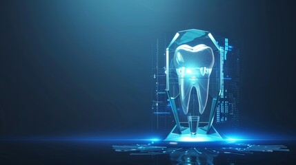 Futuristic Dental Technology Concept with Digital Tooth and Laser Shield on Tech-Inspired Blue Background