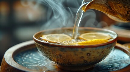 A close-up photo of a person pouring a steaming cup of green tea with fresh lemon slices.