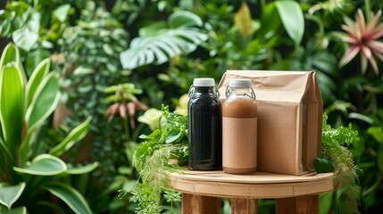 Photo of organic food packaging and natural drink bottles sitting on a wooden stand in front of a background of green plants and flowers. Health and environmental concerns.
