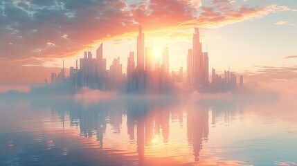 Fototapeta premium A futuristic city floating on water, with sleek buildings reflecting the sunlight, advanced transportation systems gliding smoothly across the surface, and a sense of harmony with nature. Clipart