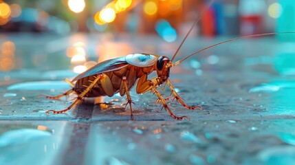 A vivid close-up of a cockroach on a wet city street at night, illuminated by bokeh lights.