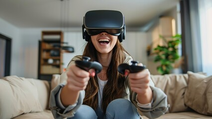 a young girl wearing a vr headset and holding vr controllers in her hands playing something and laughing in her living room