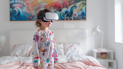 a small child girl wearing a vr headset and her pyjamas, standing in the middle of bedroom