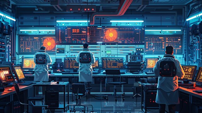 A high-tech laboratory in a futuristic setting, filled with advanced equipment, holographic displays, and scientists conducting experiments on cutting-edge technology and alien specimens. Clipart