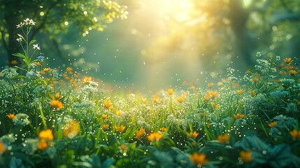 Obraz premium A magical meadow at dawn, with dew-covered grass sparkling in the morning light, delicate flowers emitting a gentle glow, and mythical creatures like griffins and centaurs grazing peacefully. Clipart