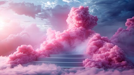 Naklejka premium Ethereal stairway with pink clouds gathering around it against a blue sky backdrop