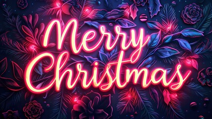 Artistic rendering of Merry Christmas in neon lights with a dark blue background, surrounded by glowing botanical illustrations.