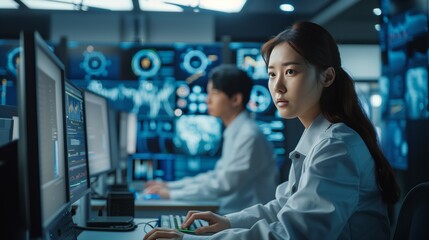 A woman is sitting at a computer with a man in the background